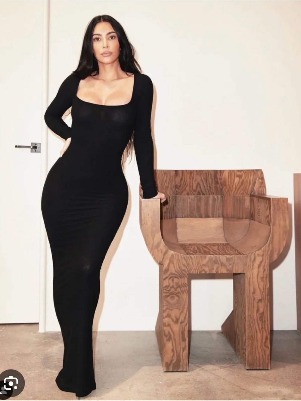 SKIMS Long Sleeve Square Neck Black Maxi Dress